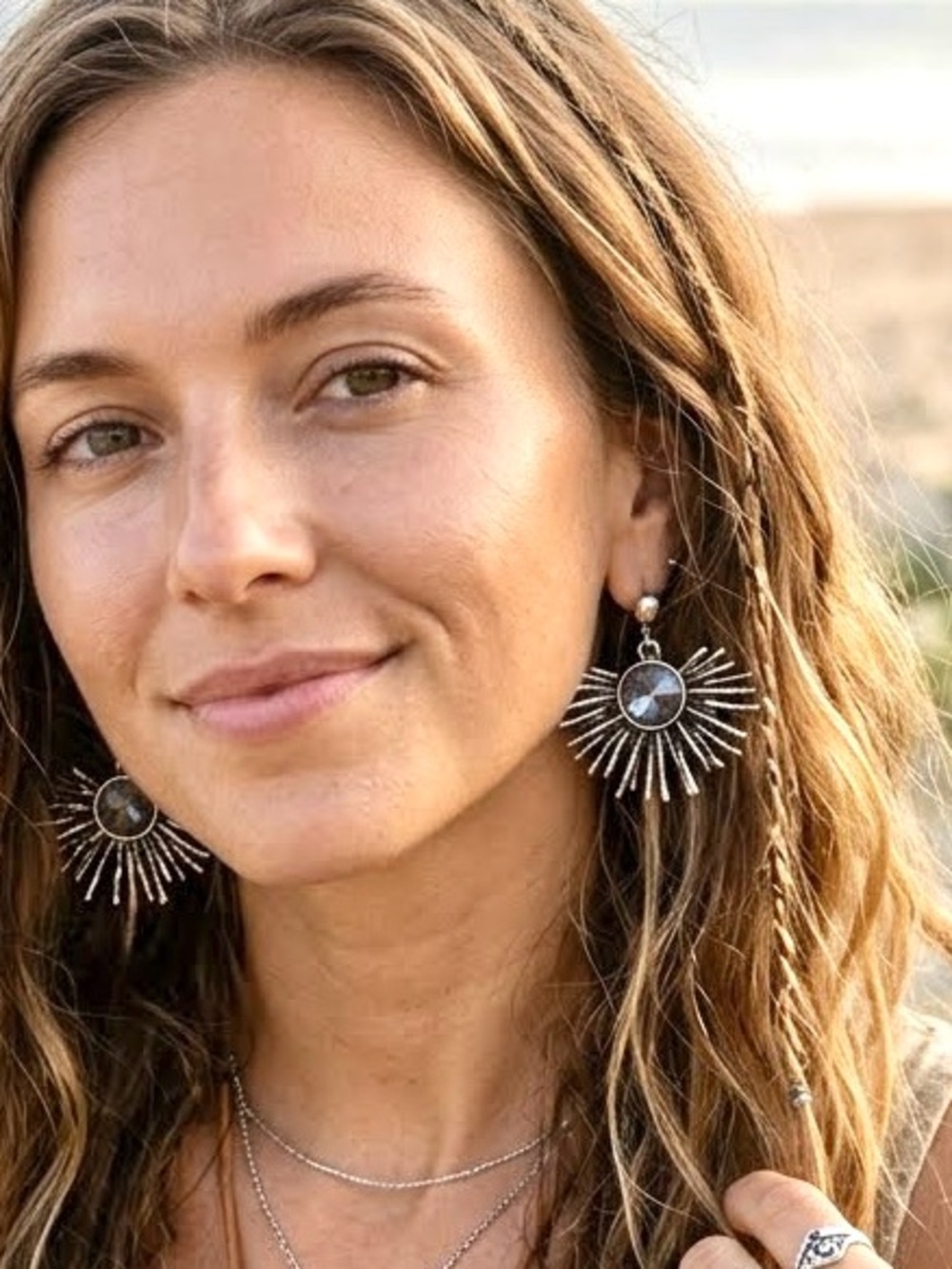 Silver boho Sunburst Crystal Drop statement Earrings w hippy Gypsy vibe